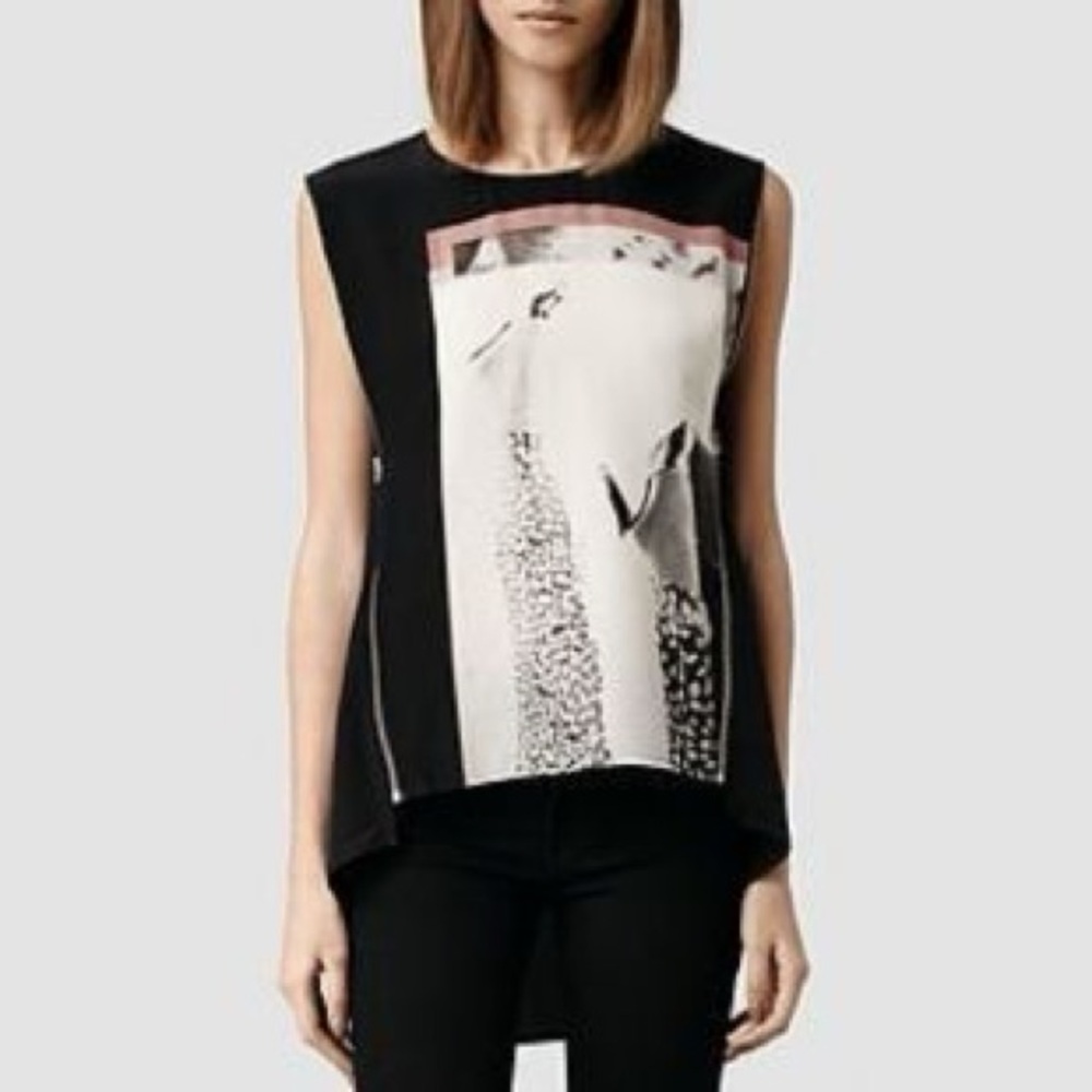 All Saints Silk Multicolored Boxy Graphic Muscle Tee